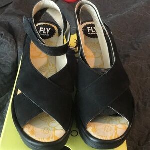 New …Fly London Black Suede Wedges